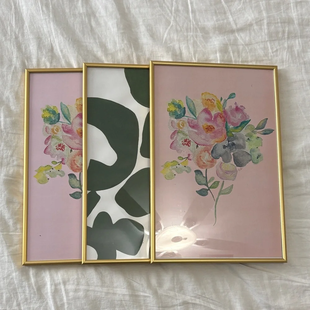 Set of 3 Floral & Green Abstract Gold Frames 11 x 17
